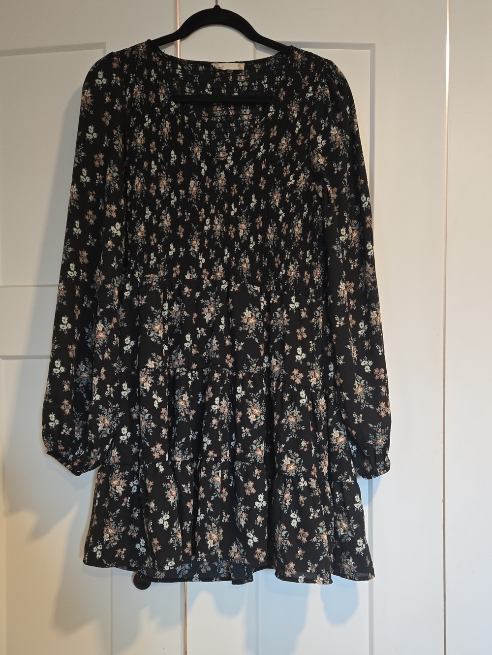 Altar'd State Black Floral Vneck Smocked Bodice Dress